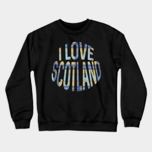 I LOVE SCOTLAND Blue, Grey and Yellow Tartan Colour Typography Design Crewneck Sweatshirt